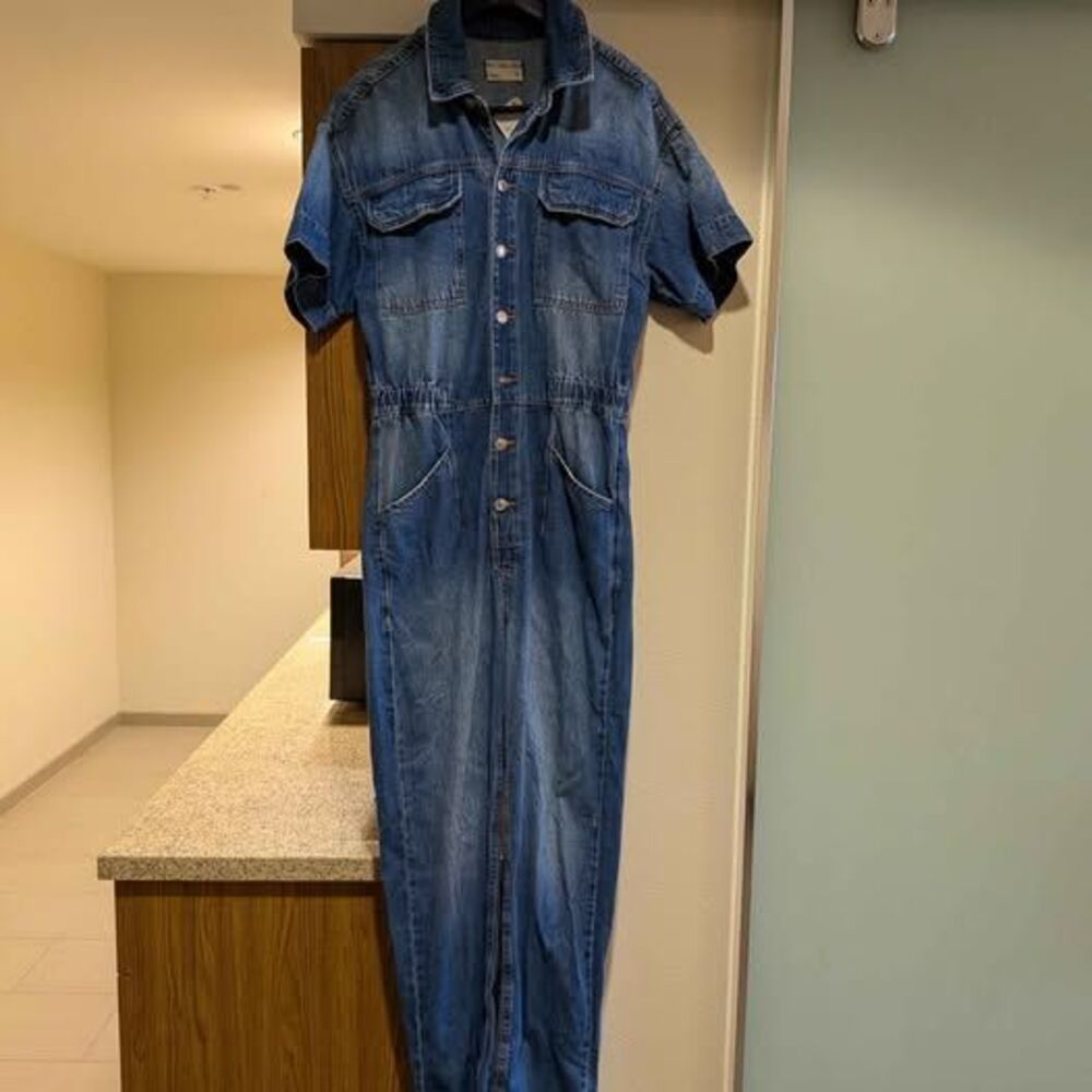 Free People We The Free Denim Jumpsuit Short Sleeve Utility Workwear NWT M